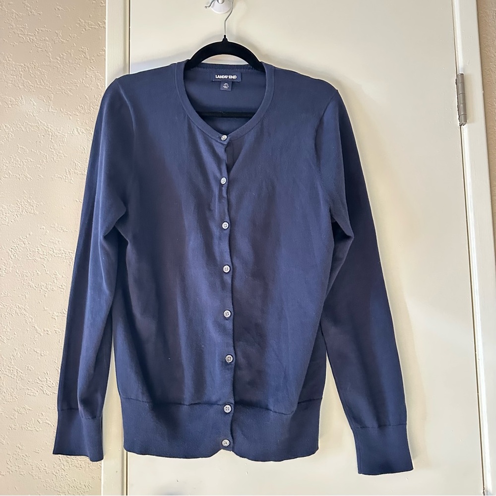 Lands' End Sweater Medium Button Down Navy Blue